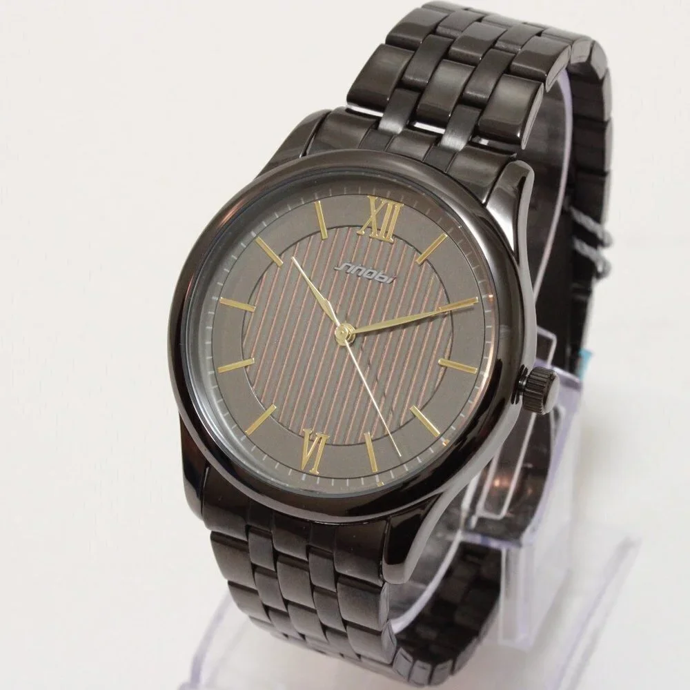 Ladies Classic Quartz Watch Black Textured Dial Gold Tone Indices Roman Numerals